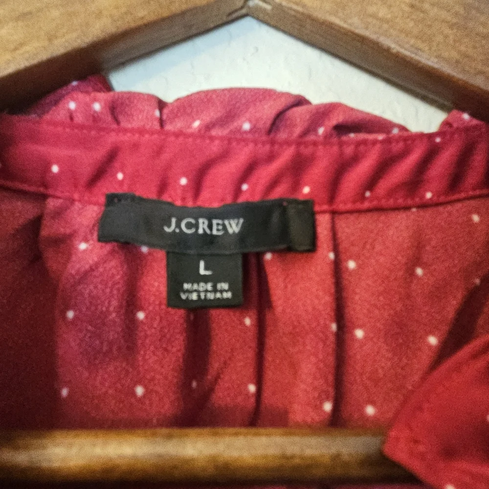 J. Crew Blouse‎ Womens Large Red White Polka Dot Ruffle Sleeve High Low Hem